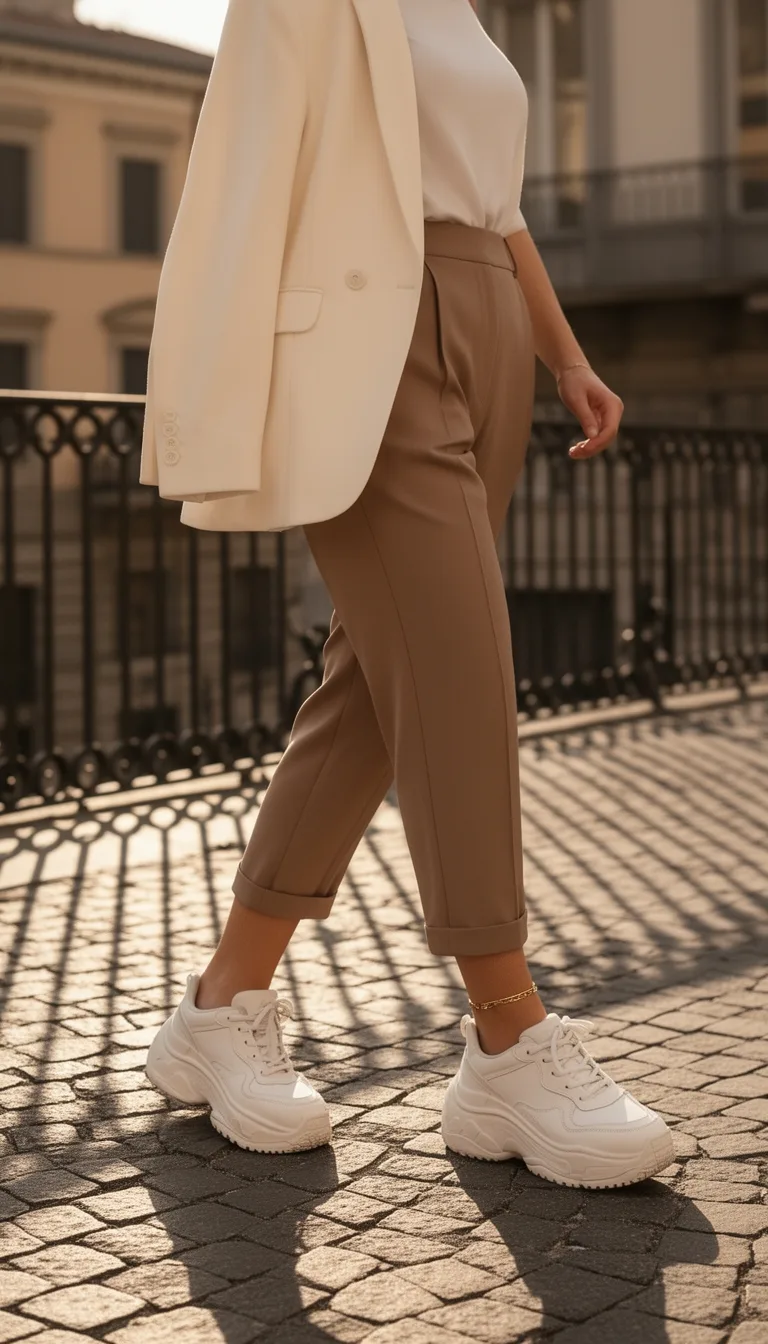 tailored trousers chunky sneakers