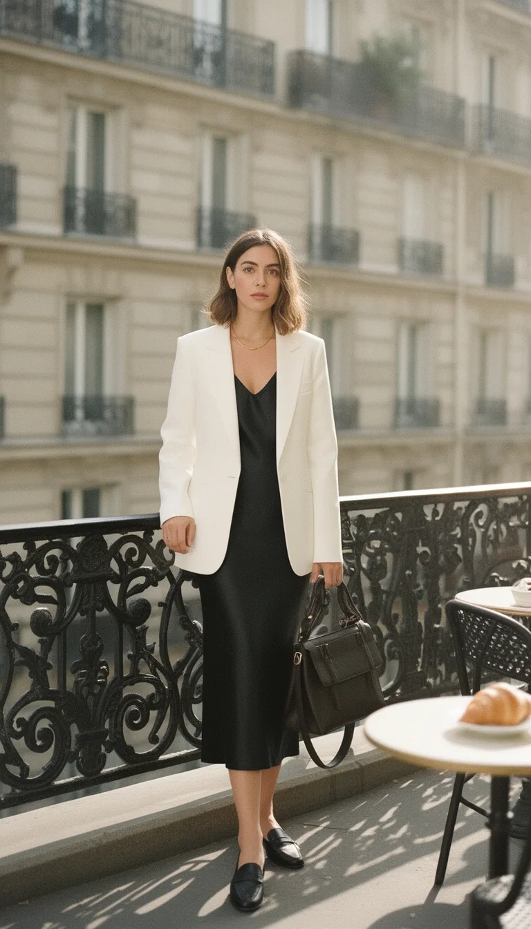 white blazer black slipdress
