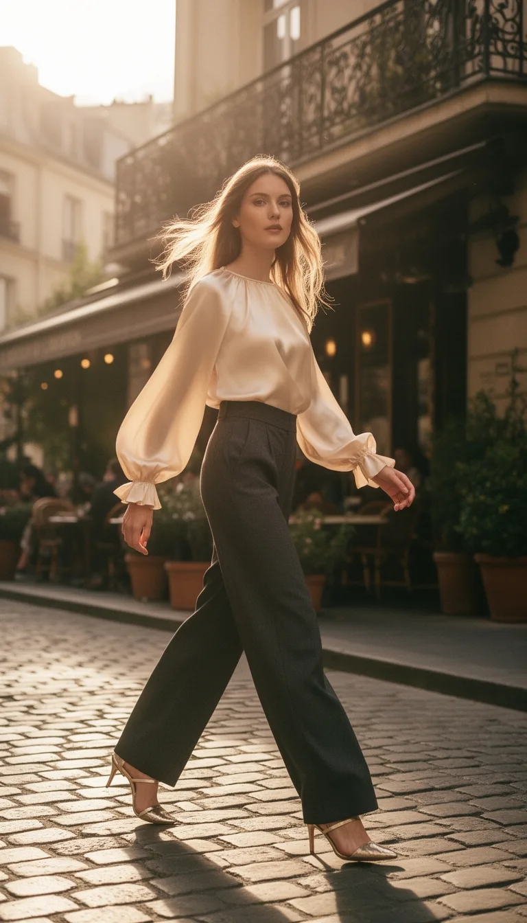 silken blouse wide trousers