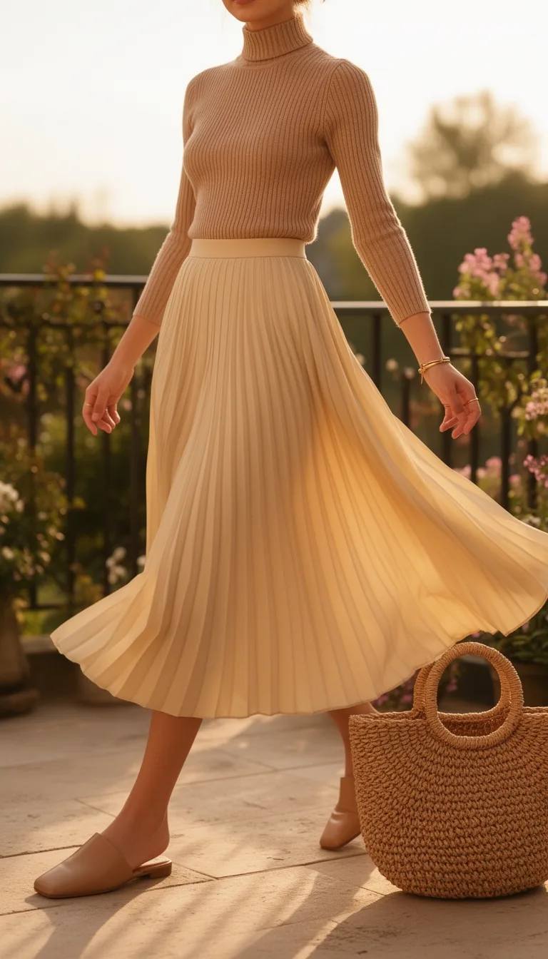 pastel pleated turtleneck ensemble