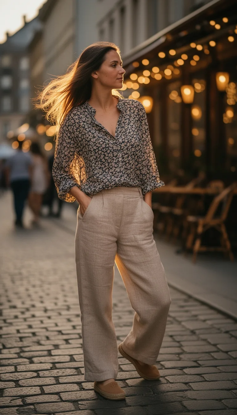 neutral pants patterned blouse