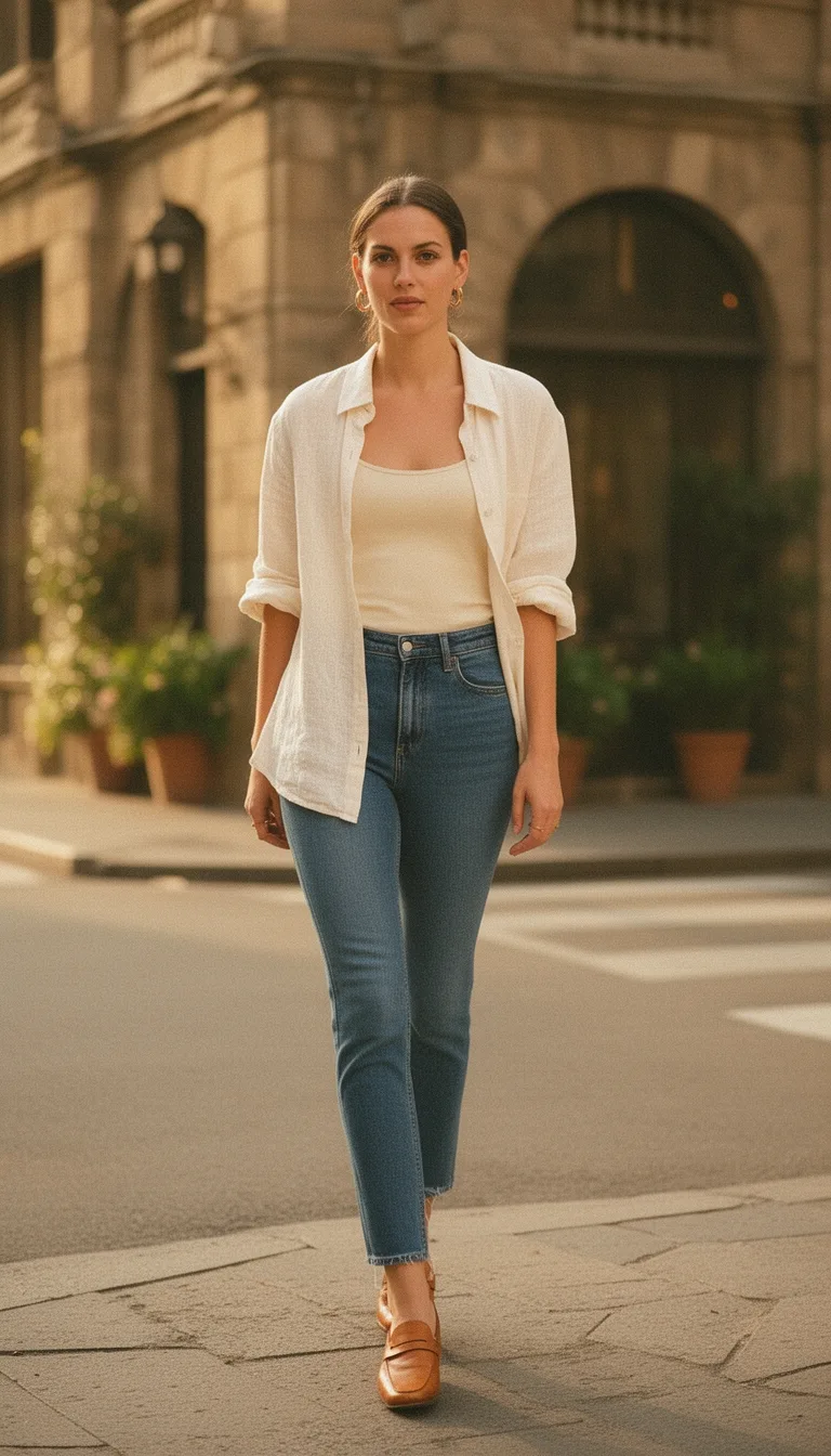 linen shirt tucked jeans