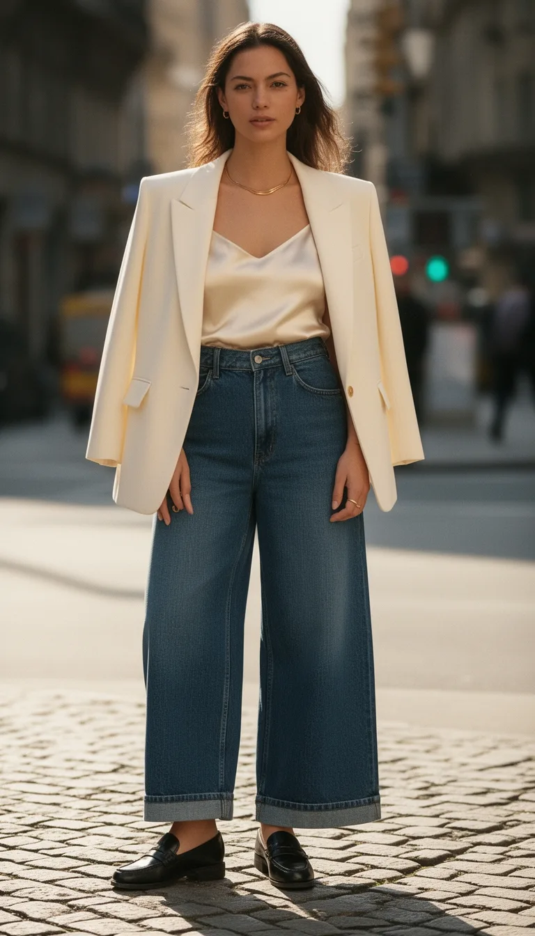 silk denim blazer ensemble