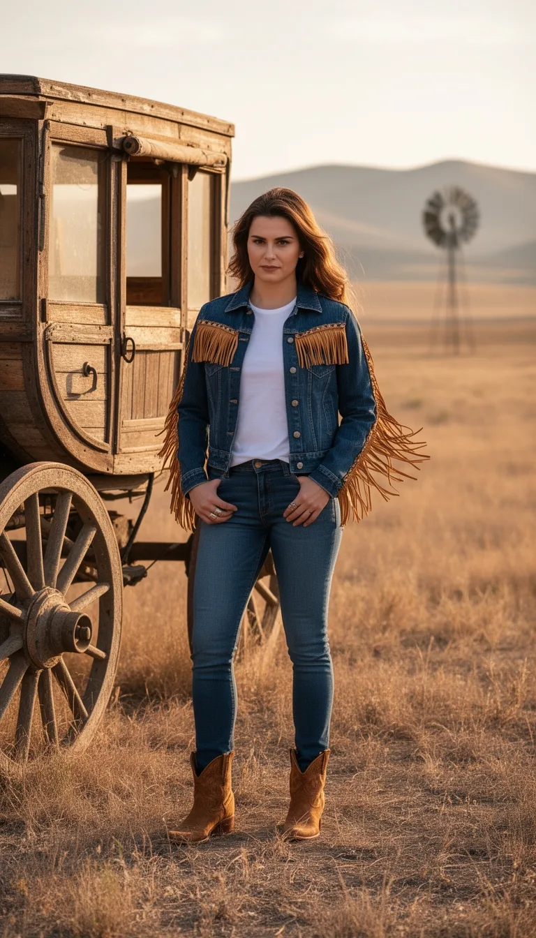 denim fringe jacket ensemble