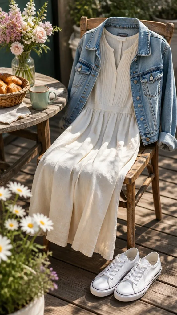 layered denim jacket ensemble