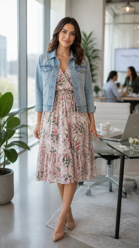 floral dress denim layering