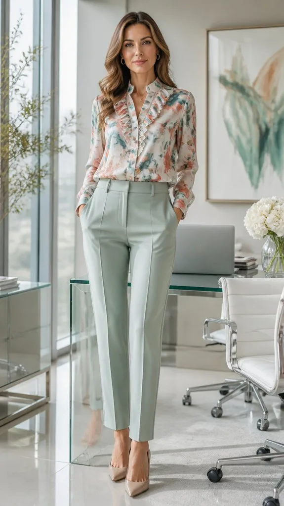 patterned blouse neutral pants