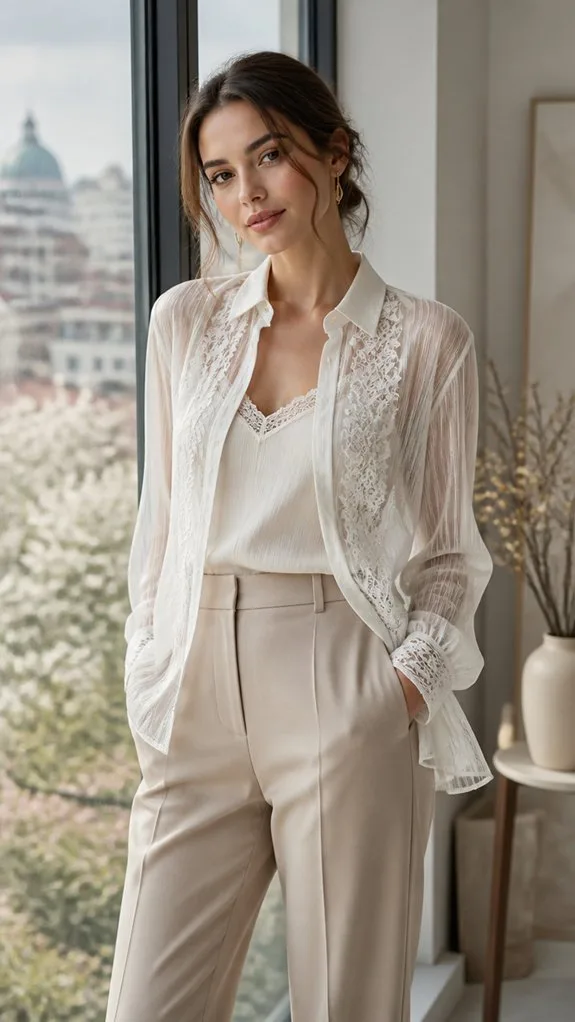 sheer blouse neutral trousers