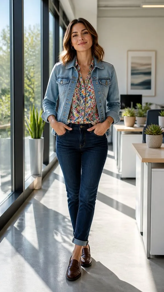 printed blouse denim layers